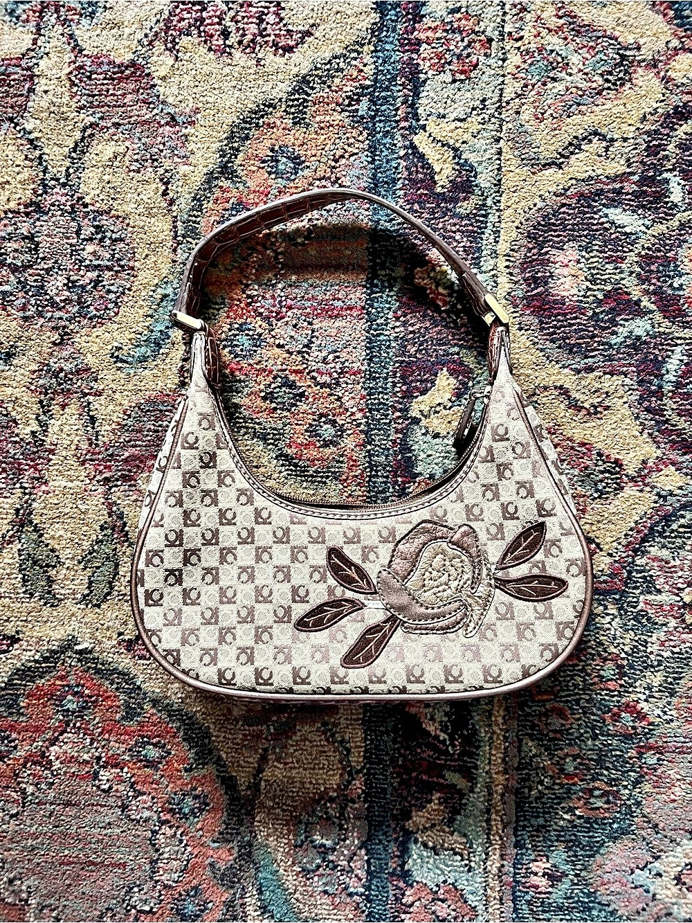 Liz Claiborne Monogram Petite Baguette Style Shoulder Bag with Floral Detail